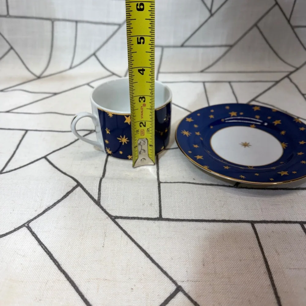 Sakura Galaxy Espresso Cup Saucer Set 4 Blue Gold Stars Celestial Porcelain